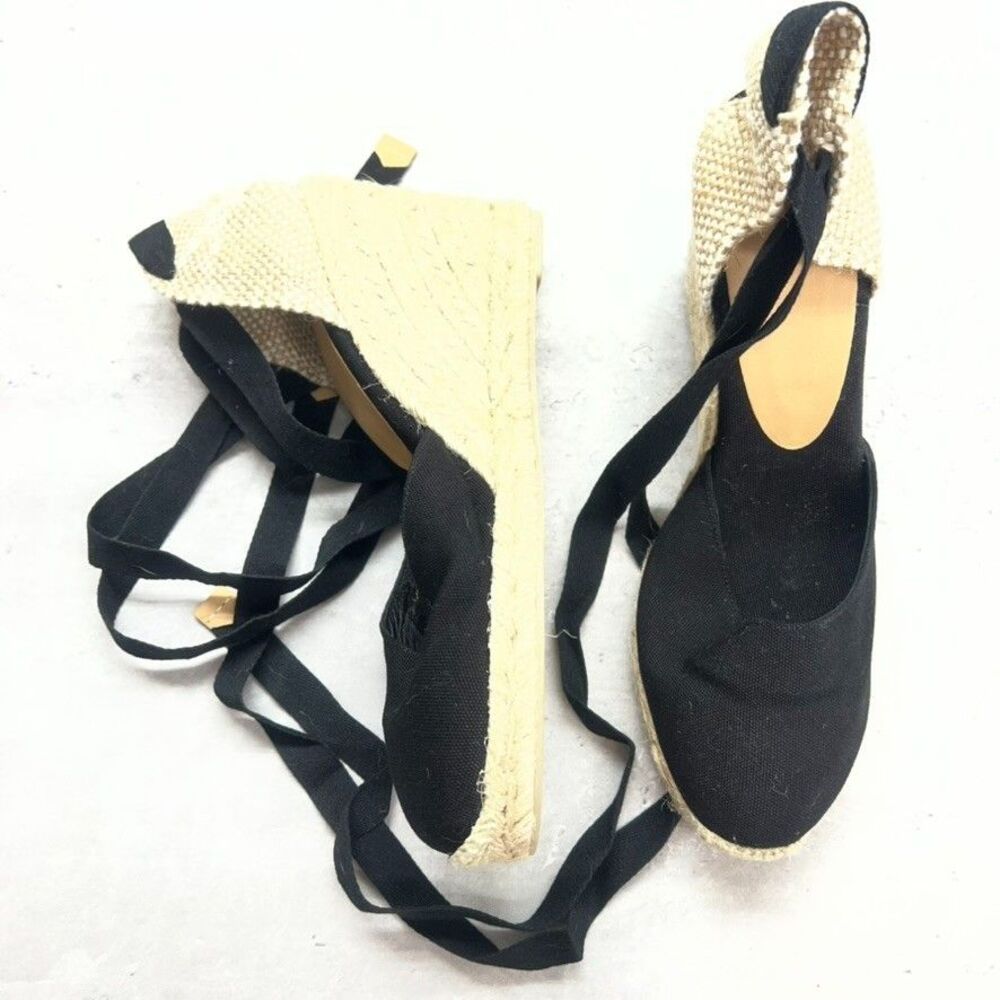 Castañer Carina Tie-Up Ankle Strap Black Wedge Espadrille Sandals Womens Size 39